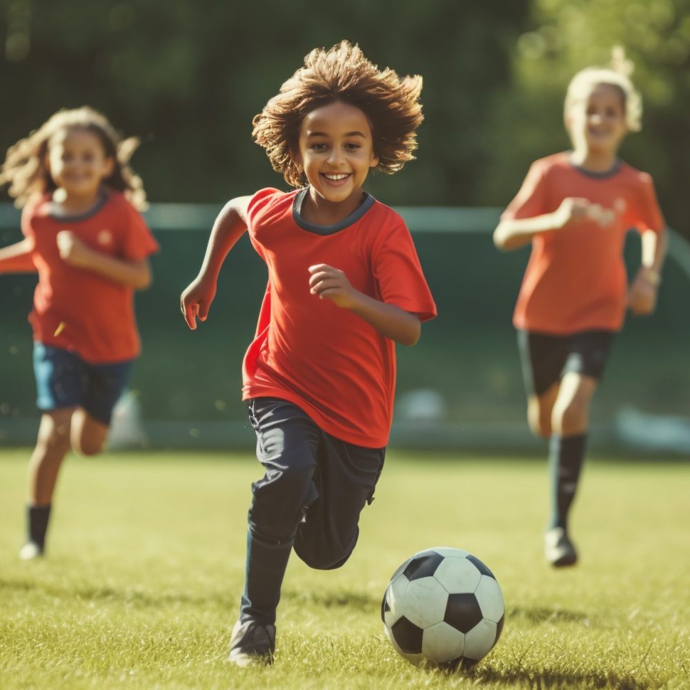 Football soccer training for kids, children football training scene, boys happily chasing the football on grass field.